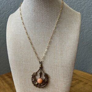 Vintage 1960s Peach Stone on Brass Filigree Pendant with New Gold / Brass Chain
